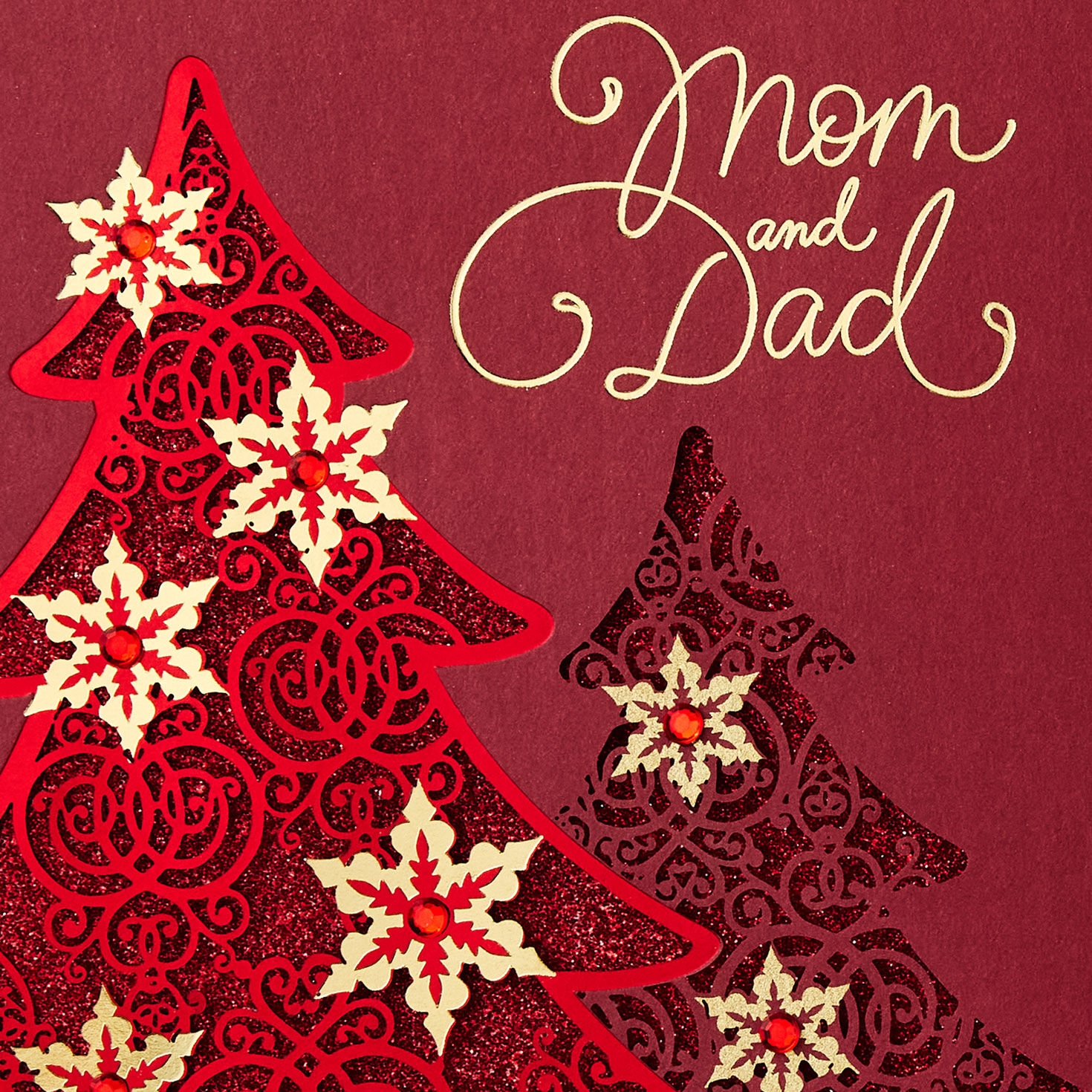 Red Glitter Trees Christmas Card for Mom and Dad Card Front Detail image number 5