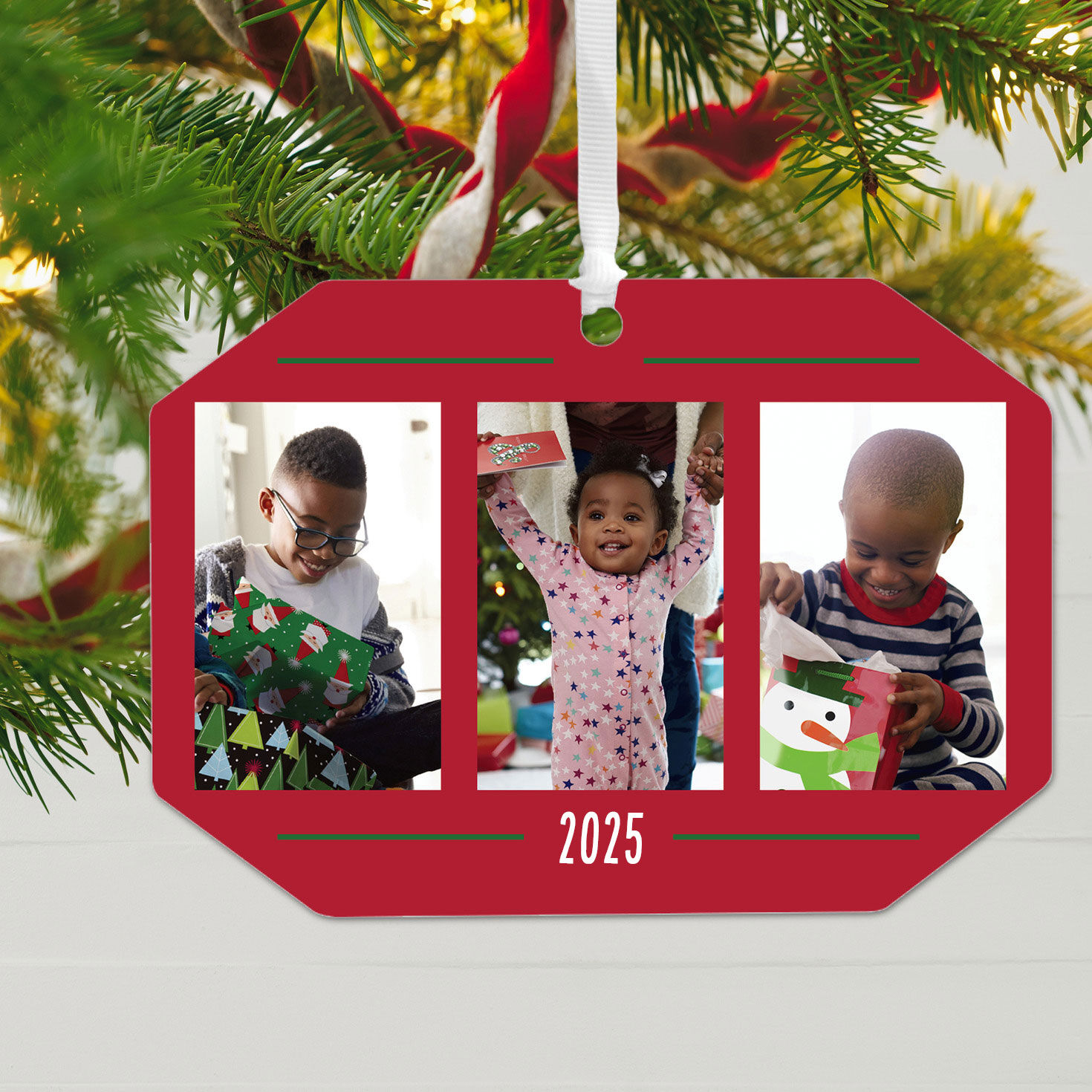 Three-Photo Personalized Christmas Ornament hanging on tree image number 2