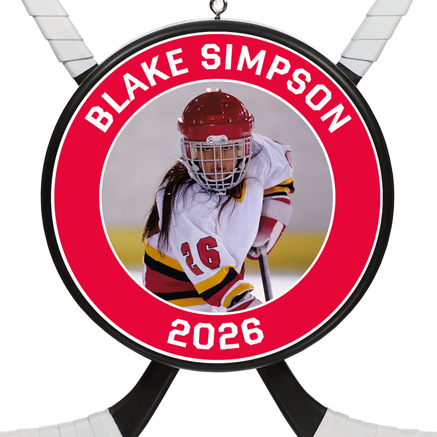 Hockey Star Personalized Photo Ornament, Custom Photo and Text closeup view image number 5