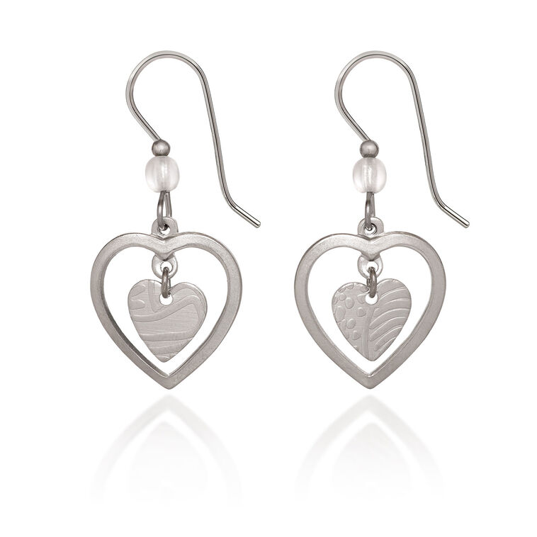 Silver Forest Heart in Open Heart Silver Metal Drop Earrings