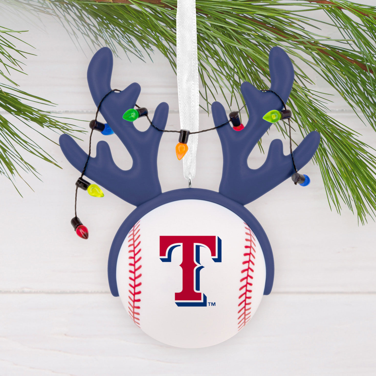 Rangers Reindeer Baseball Christmas Ornament hanging on tree image number 2