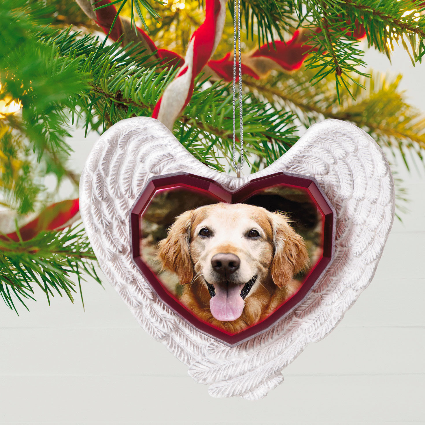 Forever Loved Memorial Heart and Angel Wings Photo Personalized Keepsake Ornament hanging on tree image number 3
