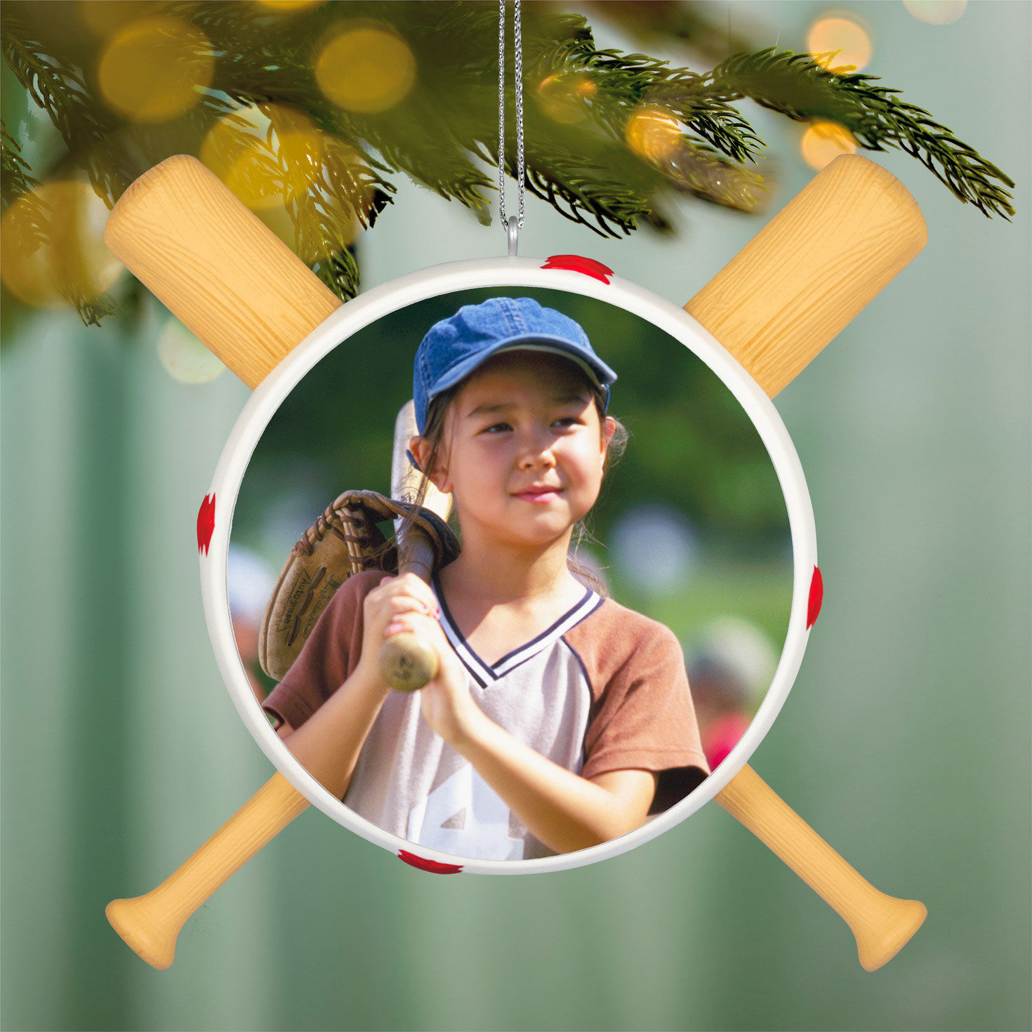 Baseball With Bats Personalized Photo Ornament hanging on tree image number 3