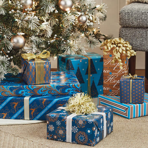 Elegant Blues 4-Pack Blue and Gold Reversible Wrapping Paper, 150 sq. ft., , large image number 2