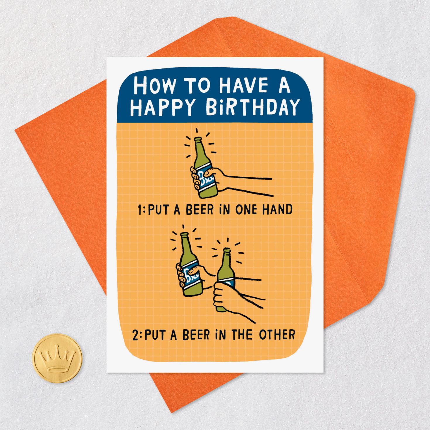 Green Beer Bottles on Yellow Funny Birthday Card Card front with envelope and gold seal image number 5
