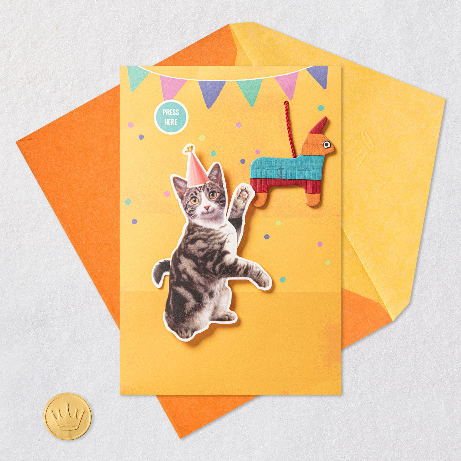 Cat With Pi&ntilde;ata Funny Birthday Card With Motion Card Front with Envelope and Gold Seal image number 5