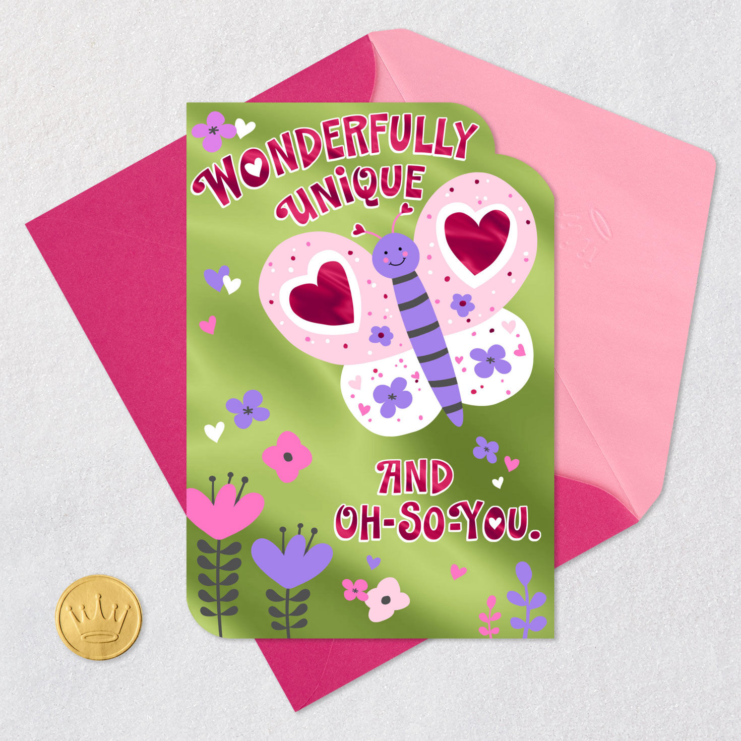 Butterfly, Flowers and Hearts Birthday Card for Girls Card Front with Envelope and Gold Seal image number 5