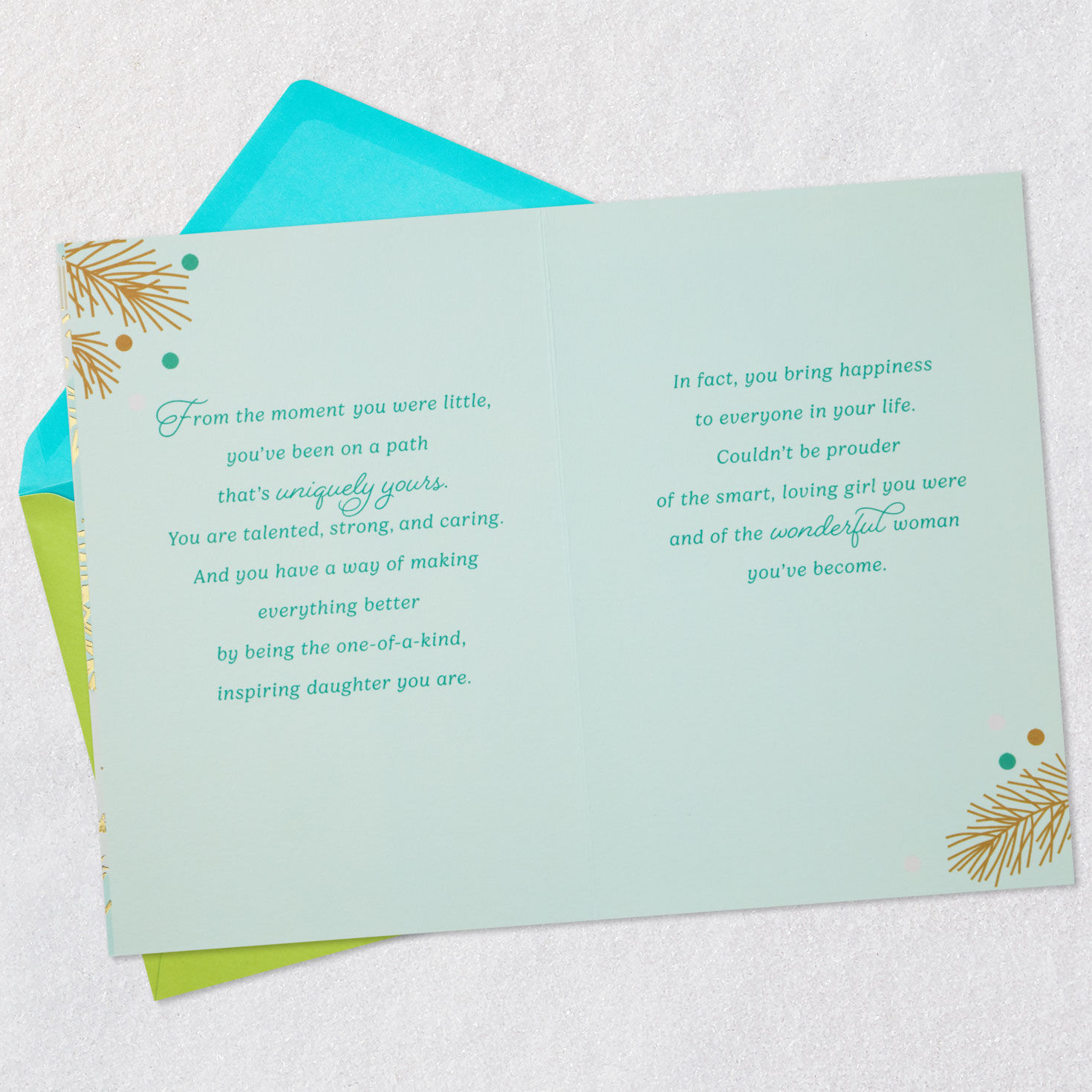 Teal Gold Ornaments Christmas Card for Daughter Open card with envelope image number 4