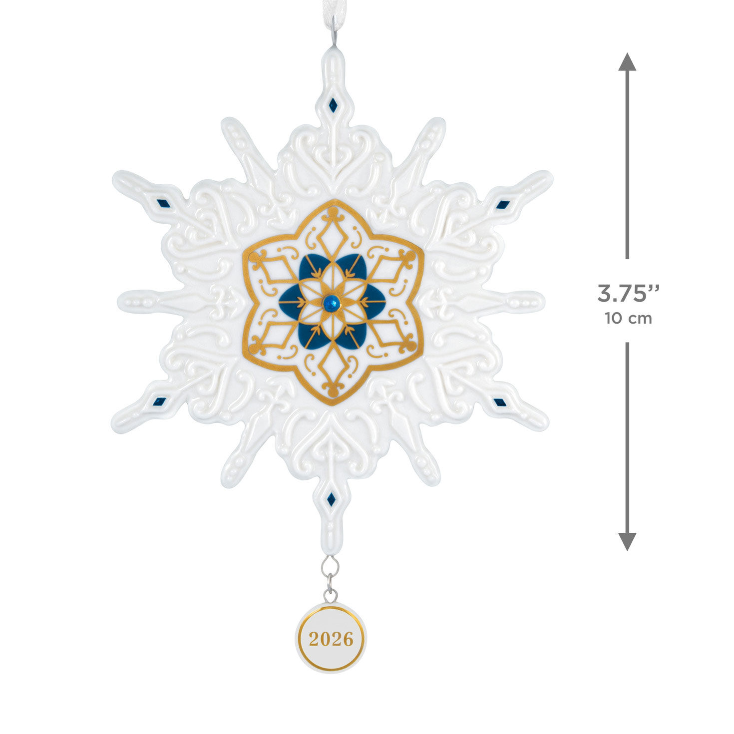 White Snowflake With Blue, Gold Keepsake Ornament measurement image number 3