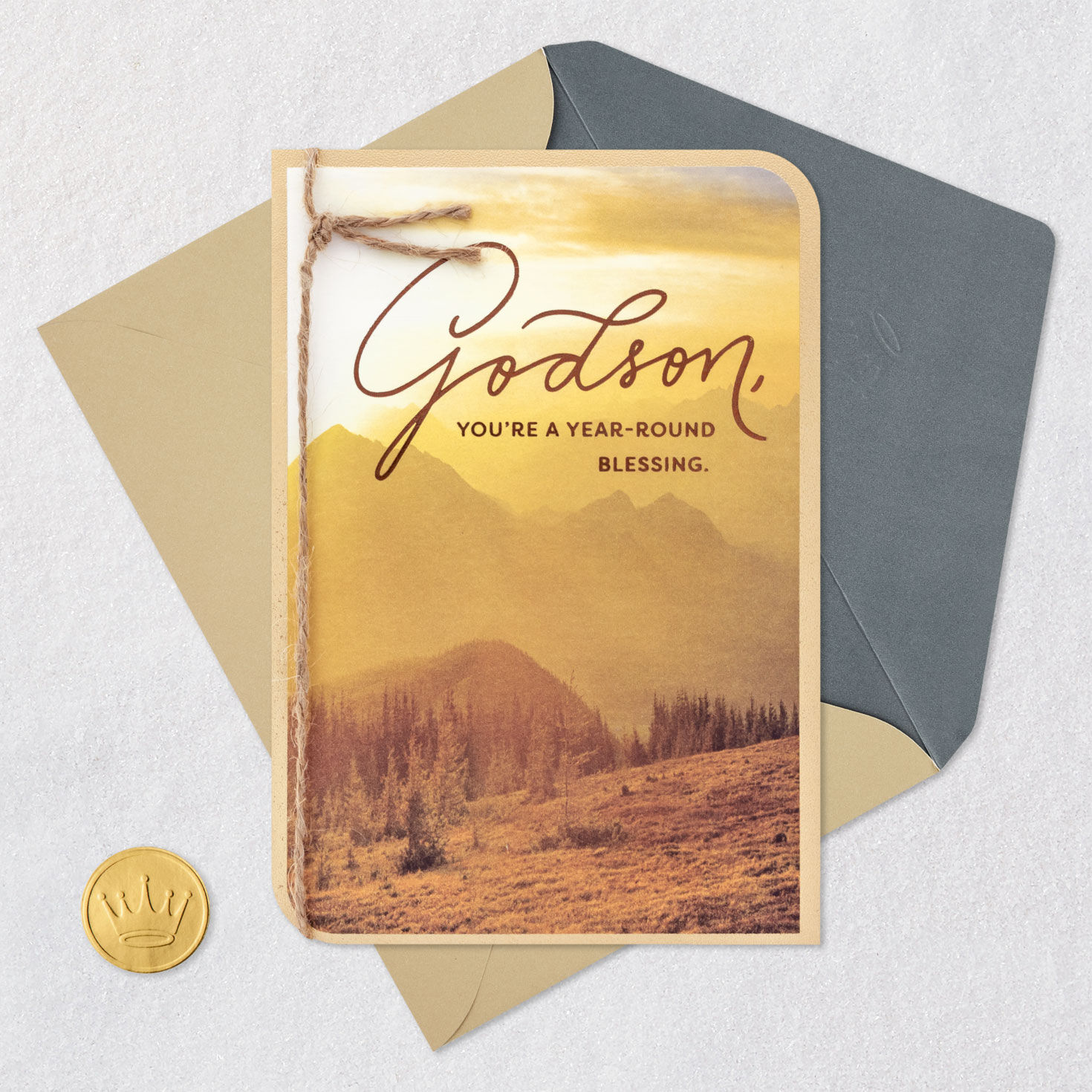 Sunny Mountain Landscape Godson Birthday Card Card Front with Envelope and Gold Seal image number 5