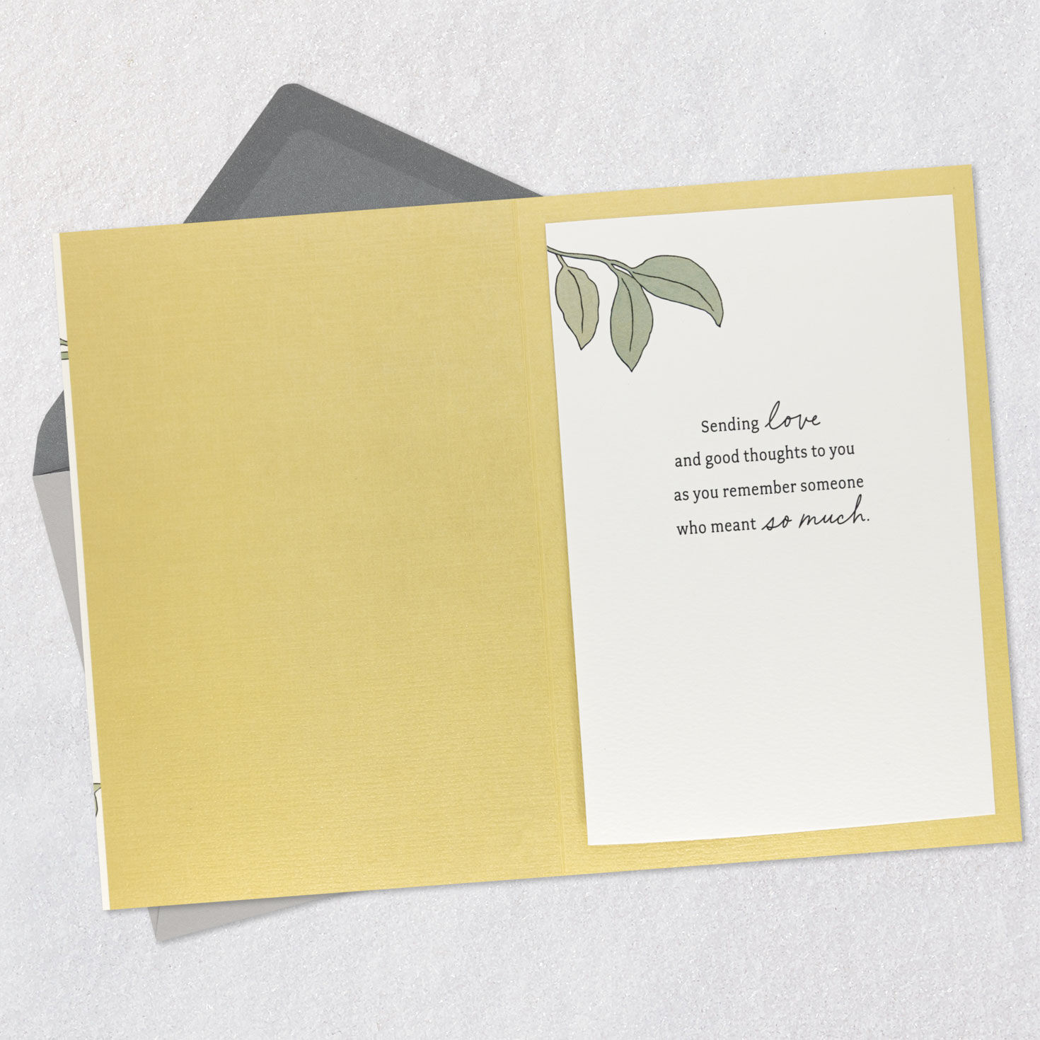 Green Leaves on Ivory with Ribbon Sympathy Card Open card with envelope image number 3