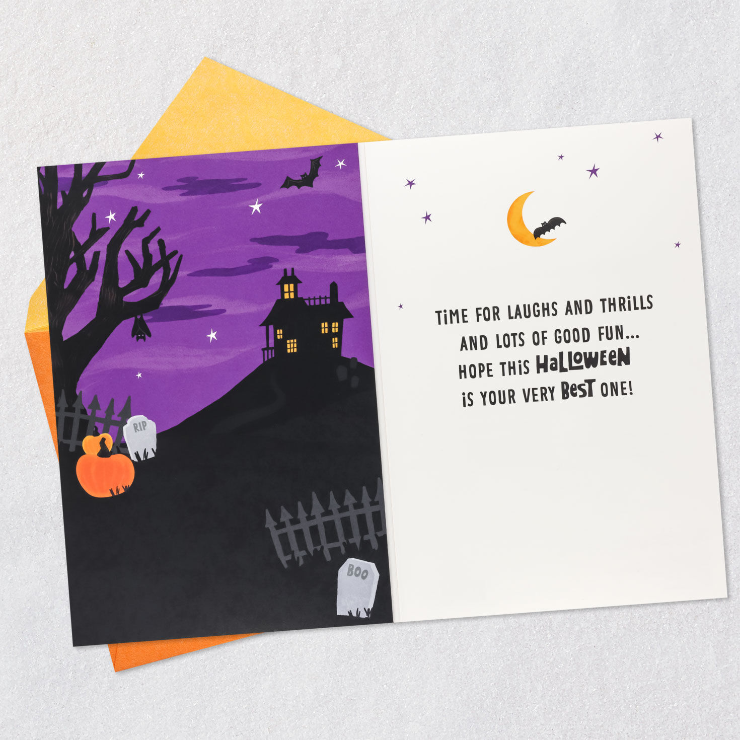 Light Up Pumpkin Purple and Black Halloween Card Open card with envelope image number 3