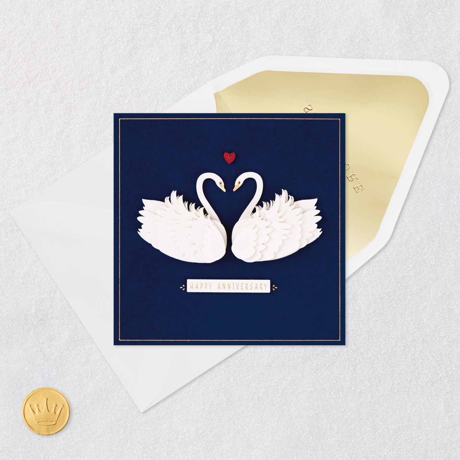 White Swans on Navy Blue Anniversary Card Pop-up Card Detail image number 5