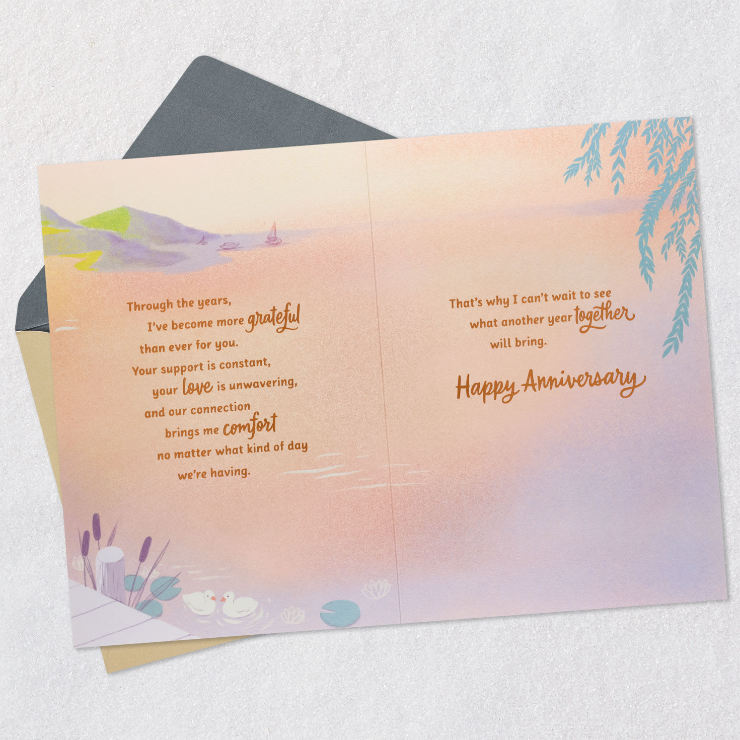 Couple Watching Sunset on Dock Our Anniversary Card Open card with envelope image number 4