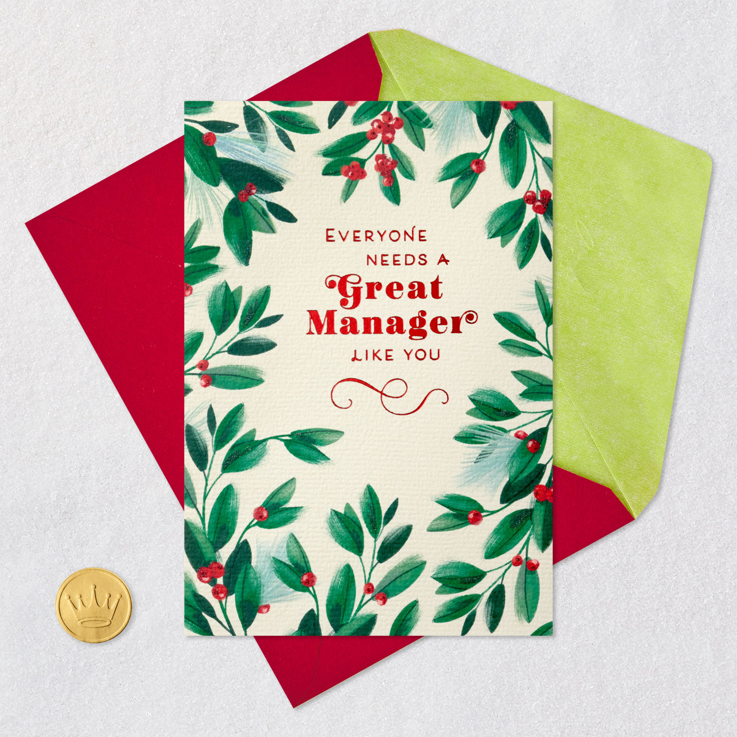 Greenery and Berries Christmas Card for Manager Card Front with Envelope and Gold Seal image number 5