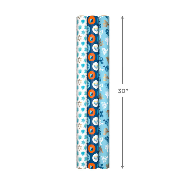 Blue Hanukkah Designs 3-Pack Wrapping Paper Assortment, 120 sq. ft., , large image number 7