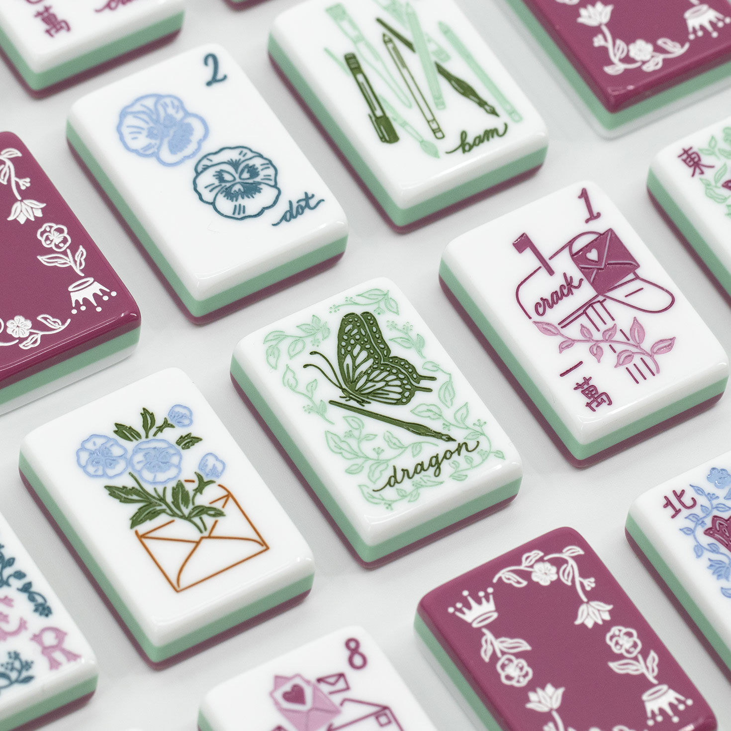 Miss Heirloom Mahjong Tile Set With Mat and Box closeup view image number 9