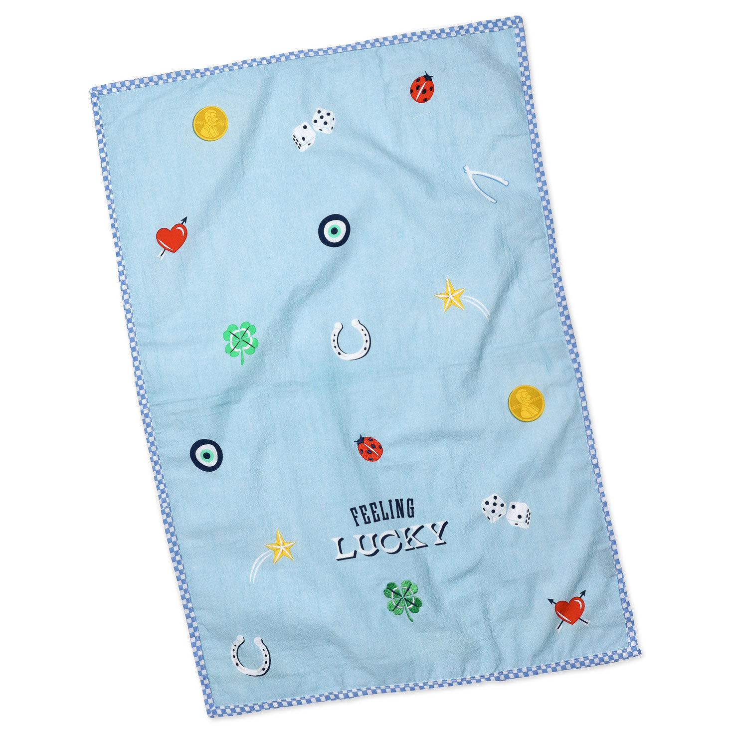 Blue Tea Towel With Embroidered Lucky Icons front flat image number 2