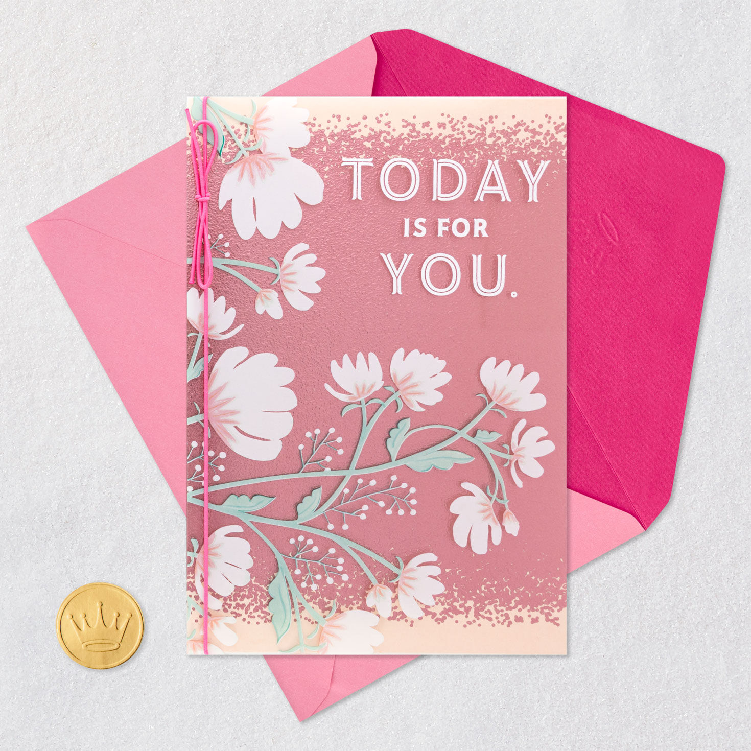White Flowers on Pink Sparkle Mother's Day Card Card Front with Envelope and Gold Seal image number 6