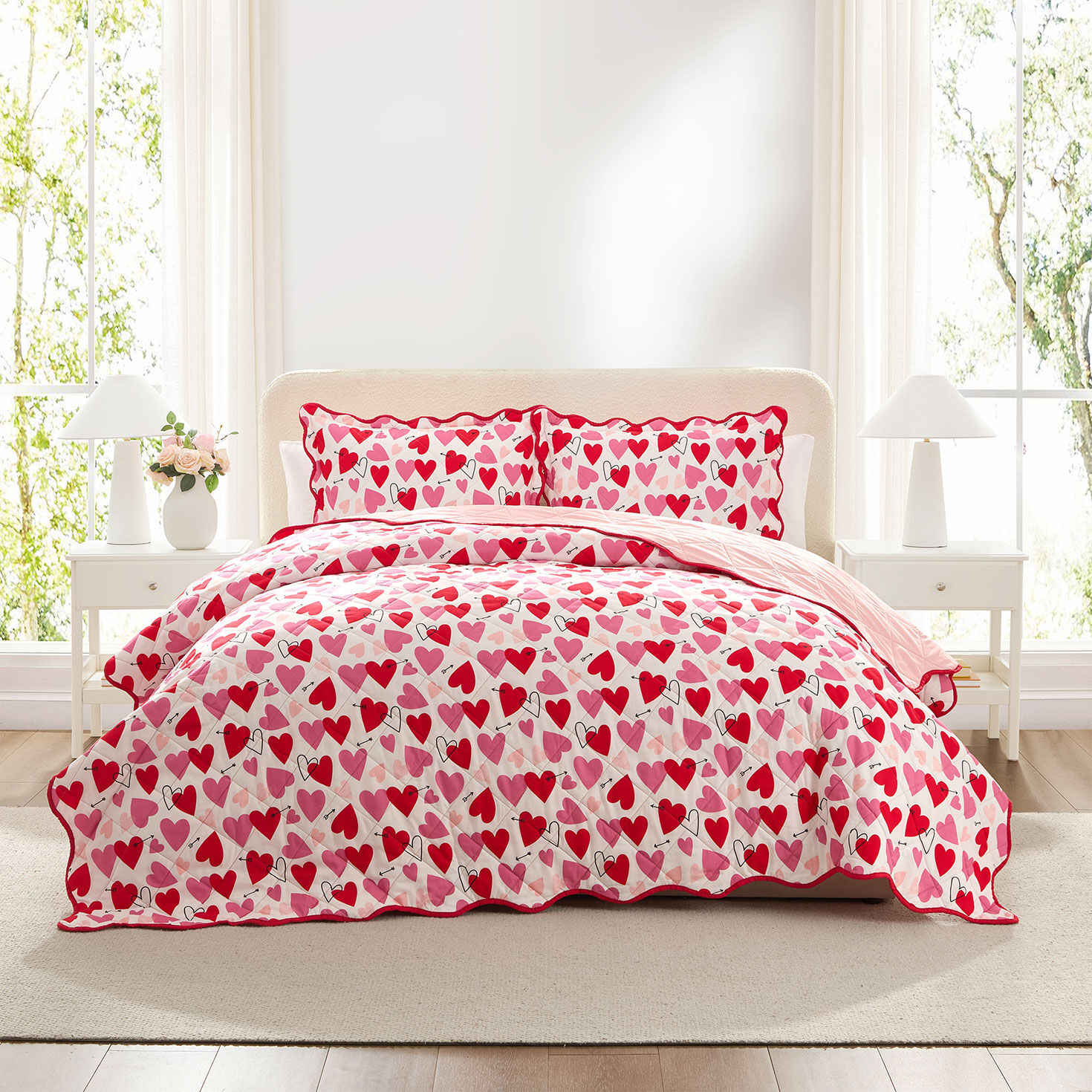 Pink and Red Hearts Reversible Quilt and Sham Set in use image number 5