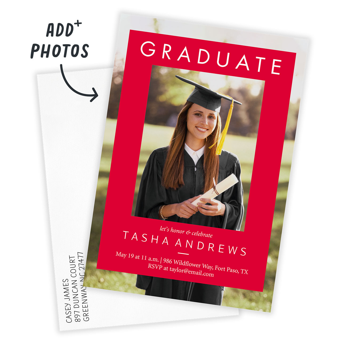 Bright Red Photo Frame Grad Party Invitation Card Front indicating personalization image number 2