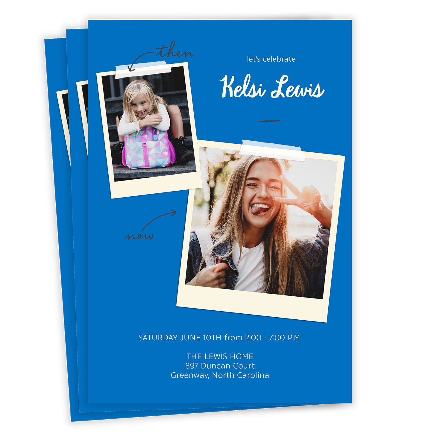 Blue Then and Now Flat Graduation Party Invitation