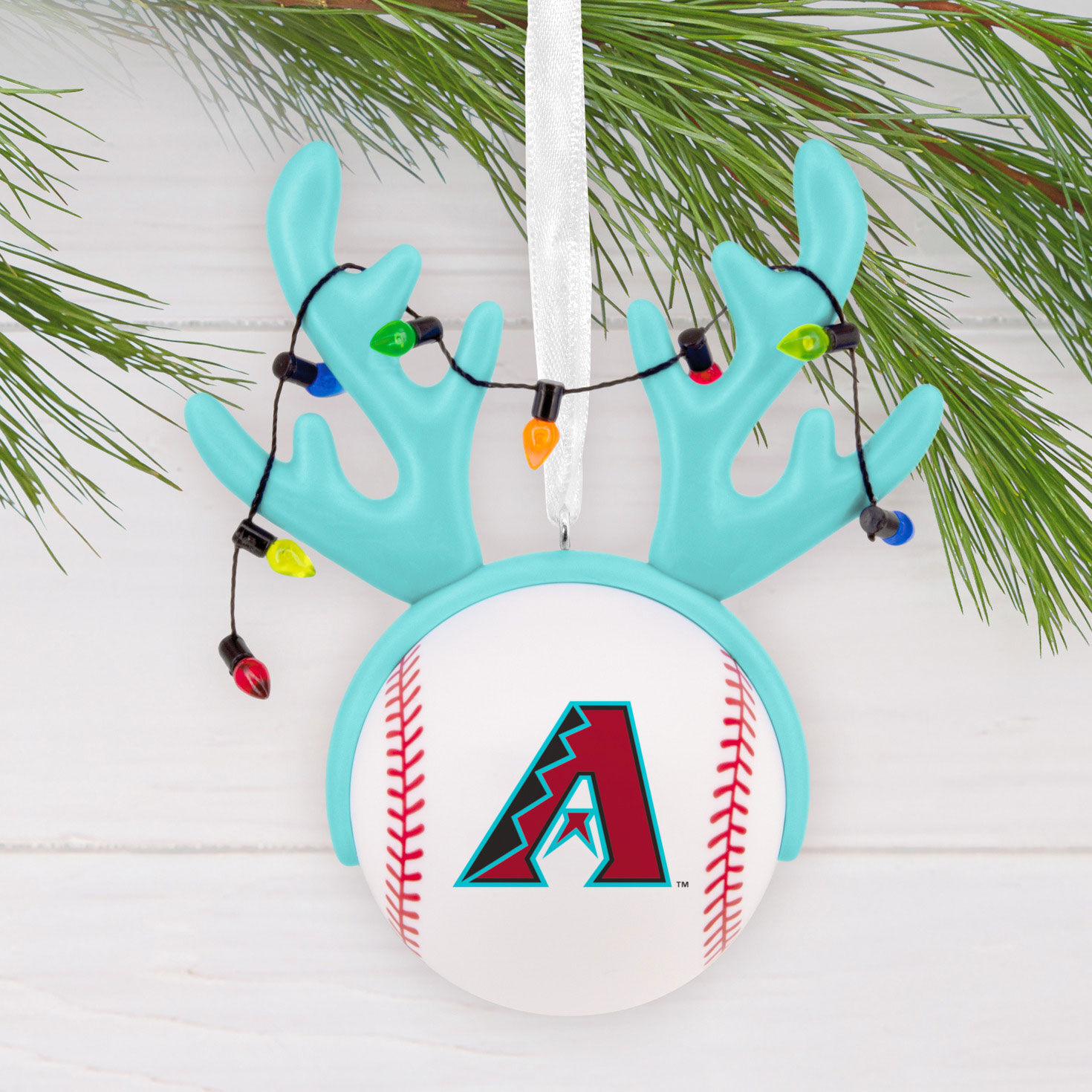 Diamondbacks Reindeer Baseball Christmas Ornament hanging on tree image number 2