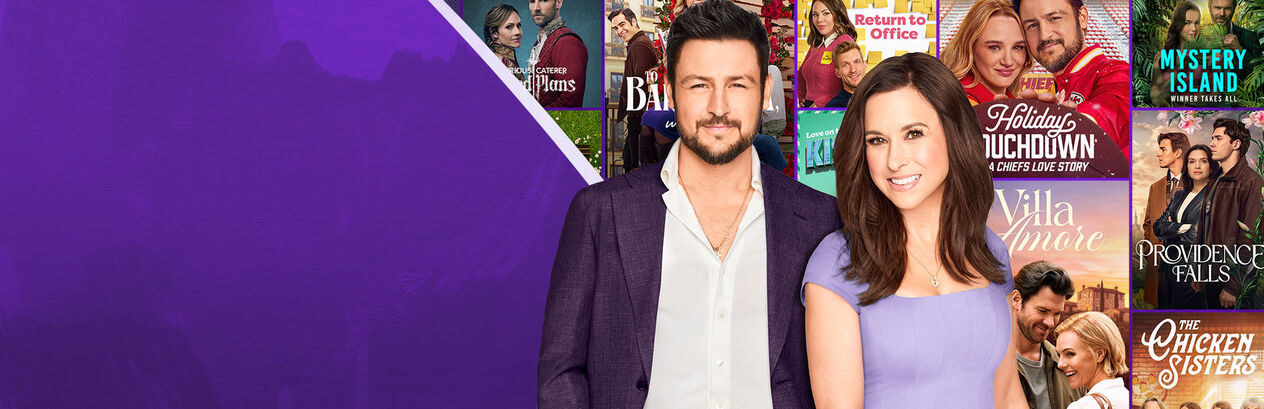 Lacey Chabert and Tyler Hynes in front of a collage of Hallmark movie posters
