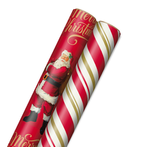 Two gift wrap rolls, one with Santa and ‘Merry Christmas’, one with candy cane stripes.