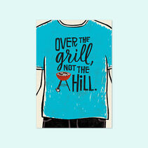 Greeting card cover of illustration of a man in a blue grilling T-shirt