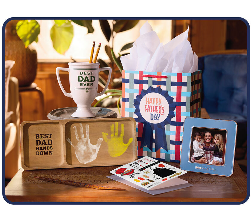 Best Dad Ever trophy and tray, Fathers Day card and gift bag, Father's Day frame