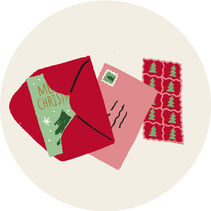 Illustration of a Christmas card, envelope and stamps.