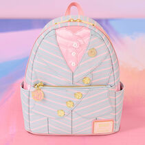 Backpack style bag in baby pink and baby blue with a suit design and gold buttons