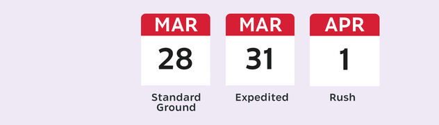 Mar 28 Standard Ground. Mar 31 Expedited. Apr 1 Rush