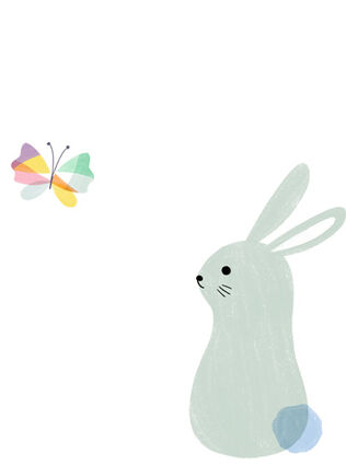 Stylized rabbit looking at a colorful butterfly.