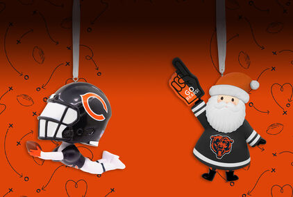Chicago Bears helmet and Santa with foam-finger ornaments