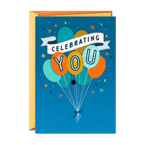 Greeting card featuring  colorful balloons on a blue background and foil accents.