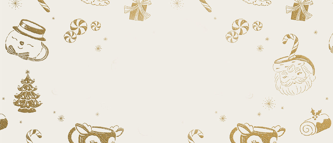Cream background with gold illustrations of holiday mugs, trees and candies