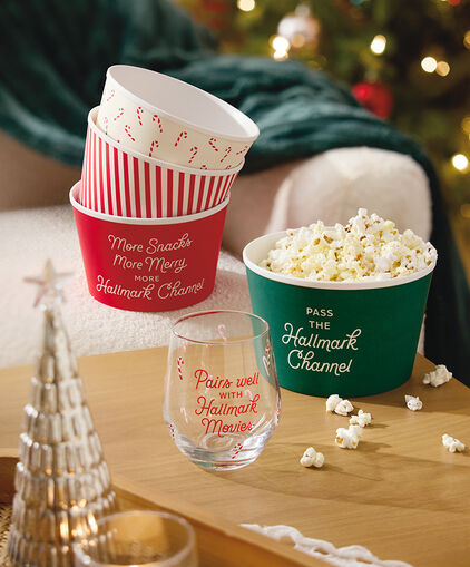 Hallmark Channel-themed popcorn bowls and glass