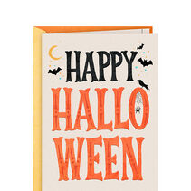 White card with “Happy Halloween” in black and orange
