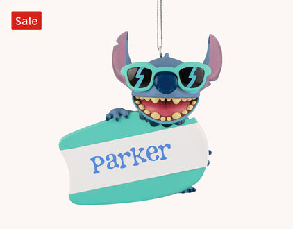 Sale Stitch ornament wearing sunglasses holding surfboard with personalized name