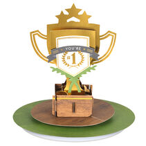 Pop-up card shaped like a trophy with ‘You’re #1 on it