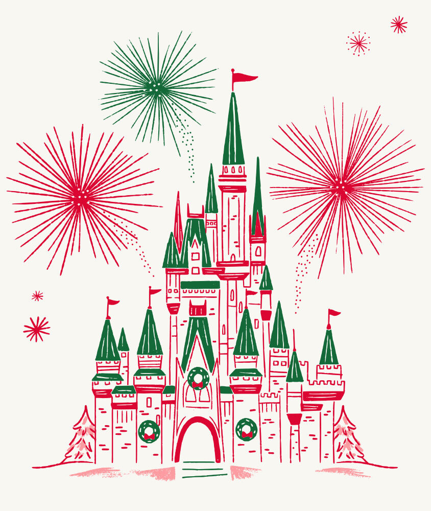   Red and green illustrated Disney castle decorated with Christmas wreaths and fireworks
