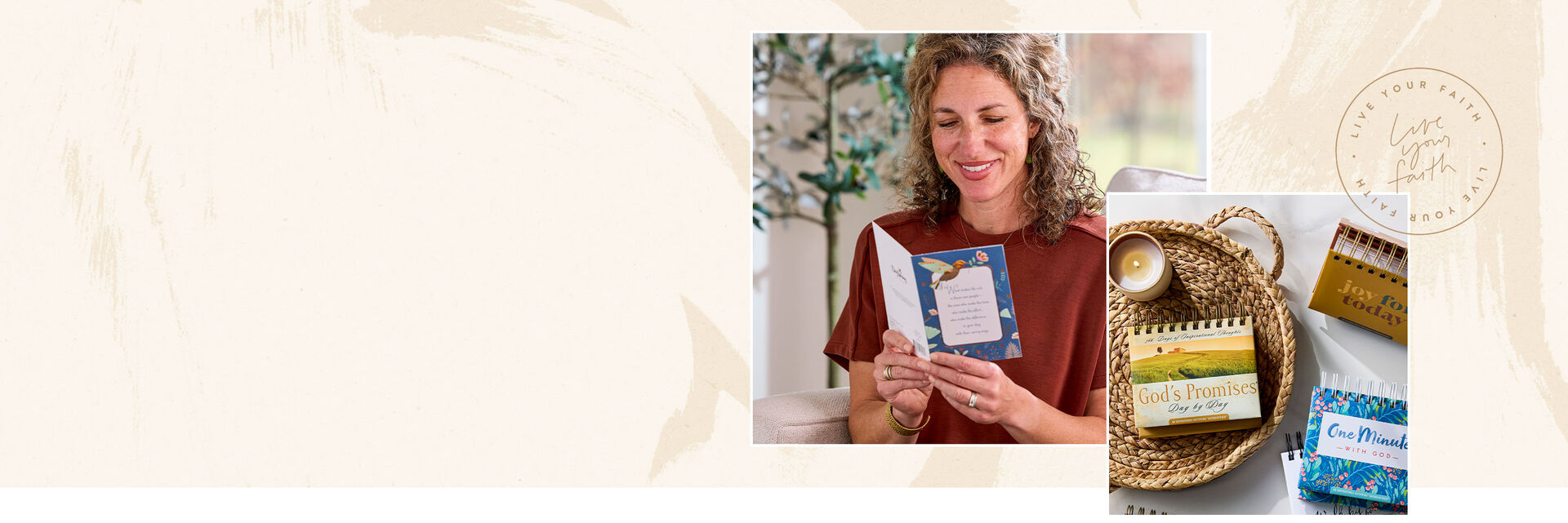 Snapshots of a woman smiling at a card and a series of religious calendars on a cream background.