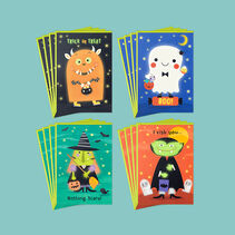  Pack of greeting cards with cheerful vampire, witch, goblin and ghost illustrations and glow-in-the-dark accents