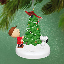 Charlie Brown and Snoopy looking at a kite stuck in a Christmas tree ornament.
