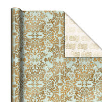Gold Floral on Blue/Merry Christmas Reversible Wrapping Paper Roll