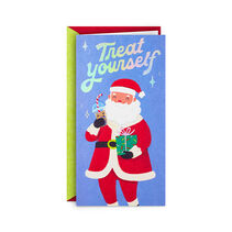 Money holder with illustration of Santa Claus holding a present and drinking boba tea with foil and embossed accents