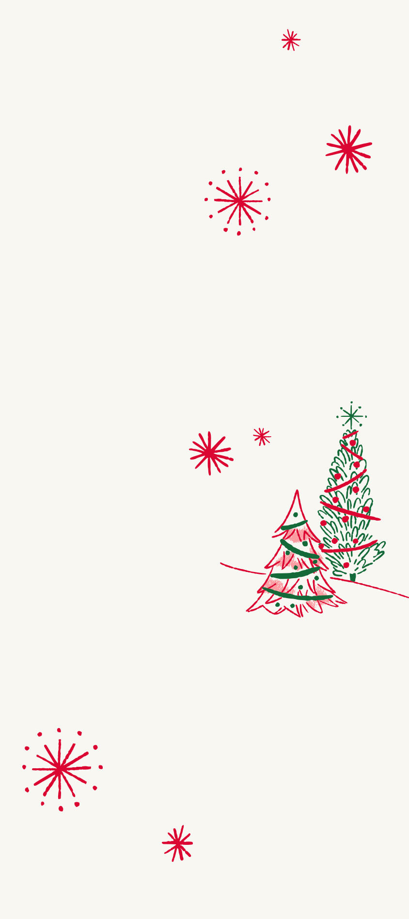   Red and green illustrated Christmas trees and snowflakes