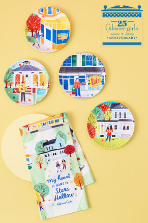 Celebrate the 25th anniversary of Gilmore Girls with Stars Hollow plates and a hand towel.